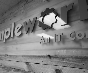 Simpleworks logo on the wall in the office