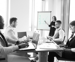 Corporate team discussing financials