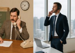 Business person using legacy phone system vs modern business person using microsoft teams calling