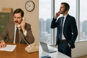 Business person using legacy phone system vs modern business person using microsoft teams calling