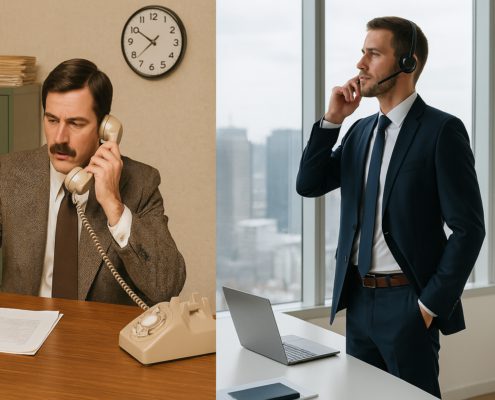 Business person using legacy phone system vs modern business person using microsoft teams calling